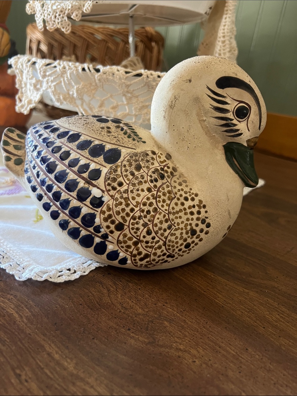 Hand-Painted Ceramic Duck Sculpture - White and Blue